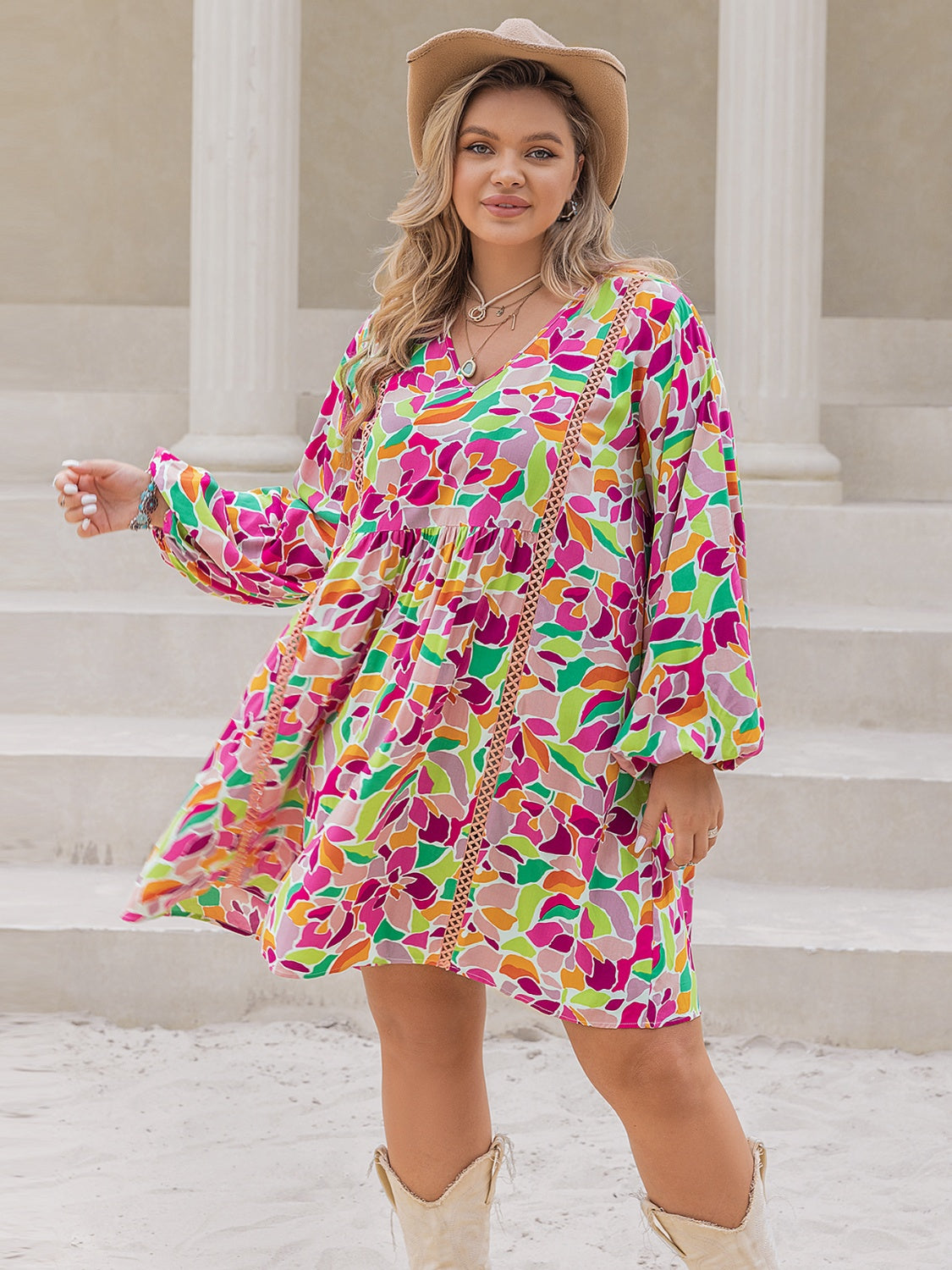 Plus Size Printed V-Neck Balloon Sleeve Mini Dress - Scarlett's Riverside Boutique 