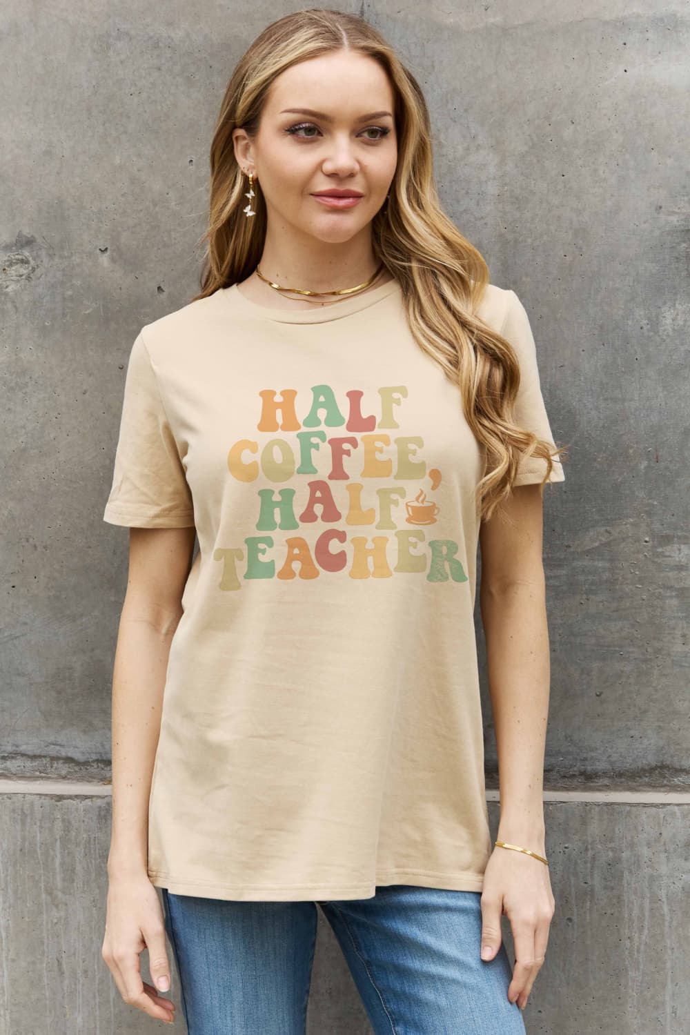 Simply Love Full Size HALF COFFEE HALF TEACHER Graphic Cotton Tee - Scarlett's Riverside Boutique 