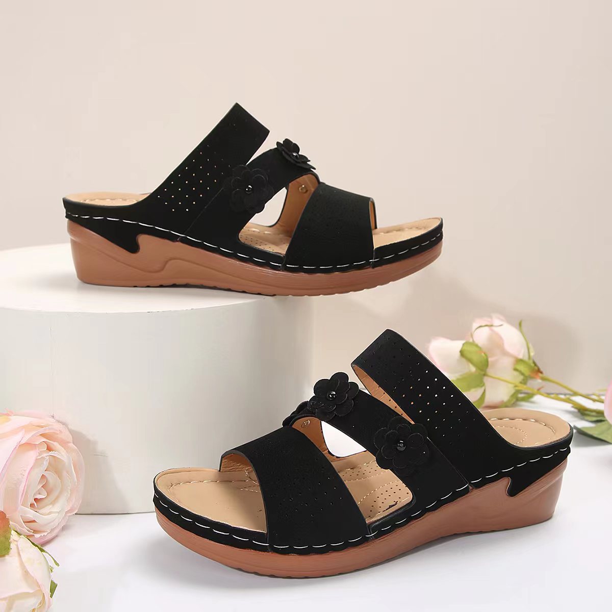 Flower PU Leather Wedge Sandals - Scarlett's Riverside Boutique 