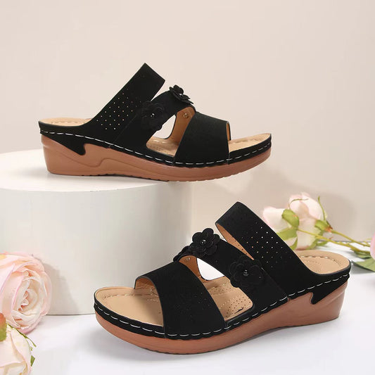 Flower PU Leather Wedge Sandals - Scarlett's Riverside Boutique 