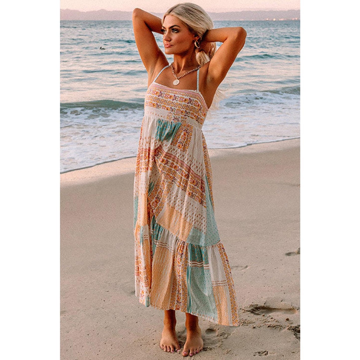 Multicolor Boho Patchwork Print Square Neck Sundress Bohemian Casual Maxi Spaghetti