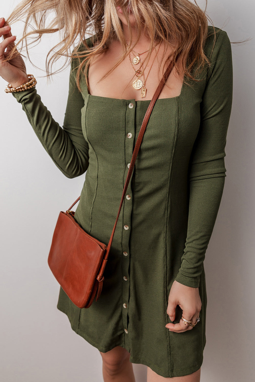 Green Rib Knit Square Neck Buttoned Long Sleeve Mini Dress