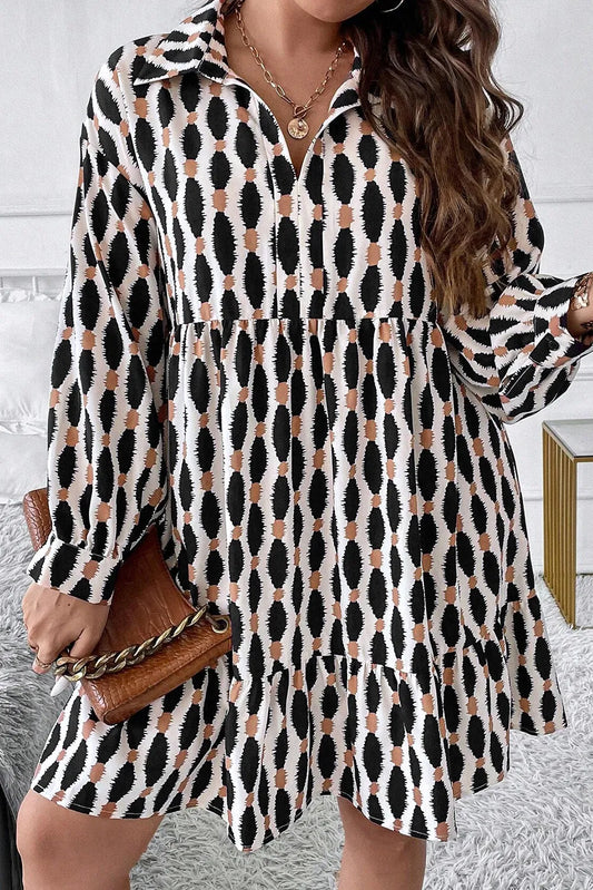 Plus Size Printed Johnny Collar Long Sleeve Dress - Scarlett's Riverside Boutique 