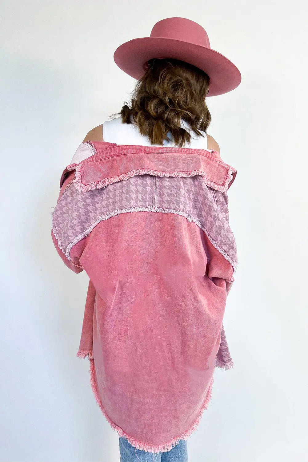 Pink Retro Distressed Houndstooth Patchwork Denim Jacket - Scarlett's Riverside Boutique 