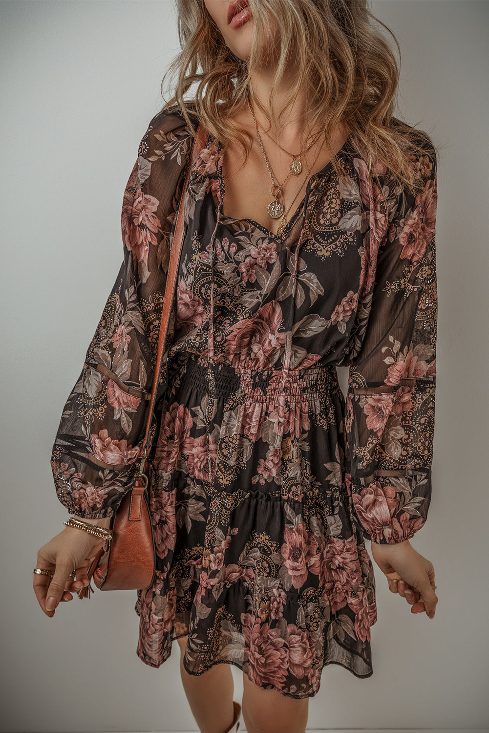 Black Vintage Floral Puff Sleeve V Neck Smock Waist Dress - Scarlett's Riverside Boutique 