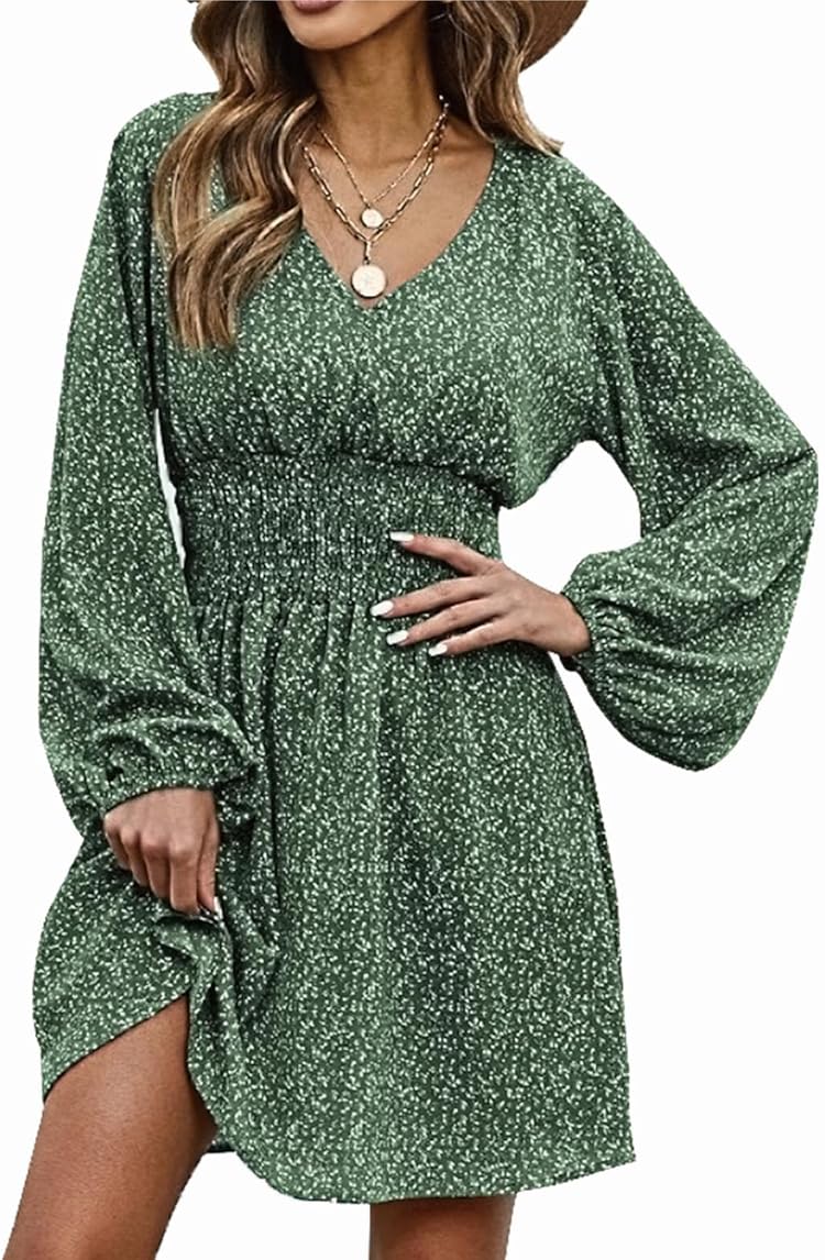 Green smocked bell sleeve dress