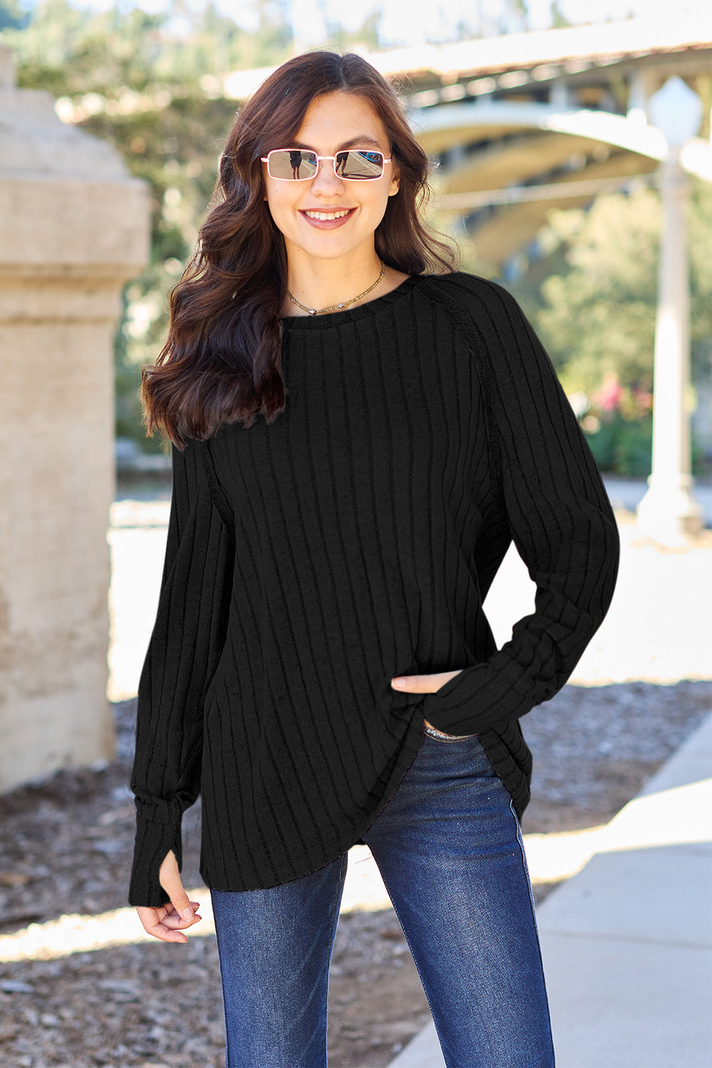 Basic Bae Full Size Ribbed Round Neck Long Sleeve Knit Top - Scarlett's Riverside Boutique 