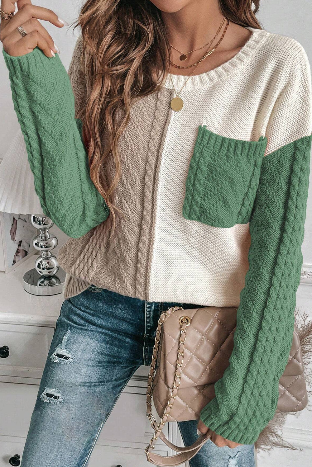 Vineyard Green Colorblock Patched Pocket Drop Shoulder Sweater - Scarlett's Riverside Boutique 