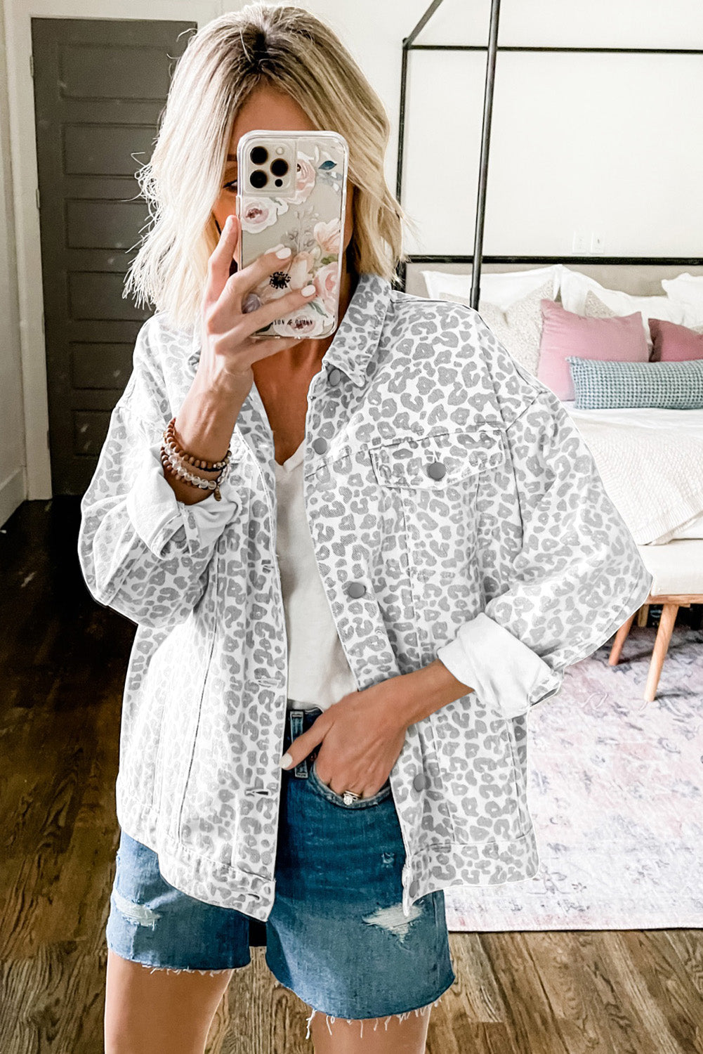 White Leopard Printed Flap Pocket Denim Jacket - Scarlett's Riverside Boutique 