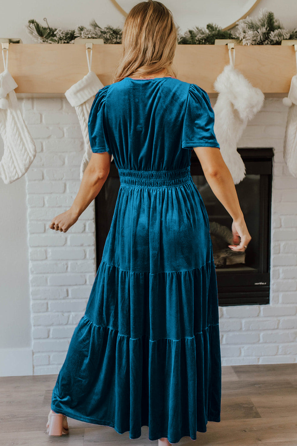 Prussian Blue Velvet Short Sleeve Shirred Waist Tiered Maxi Dress