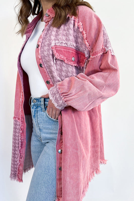 Pink Retro Distressed Houndstooth Patchwork Denim Jacket - Scarlett's Riverside Boutique 