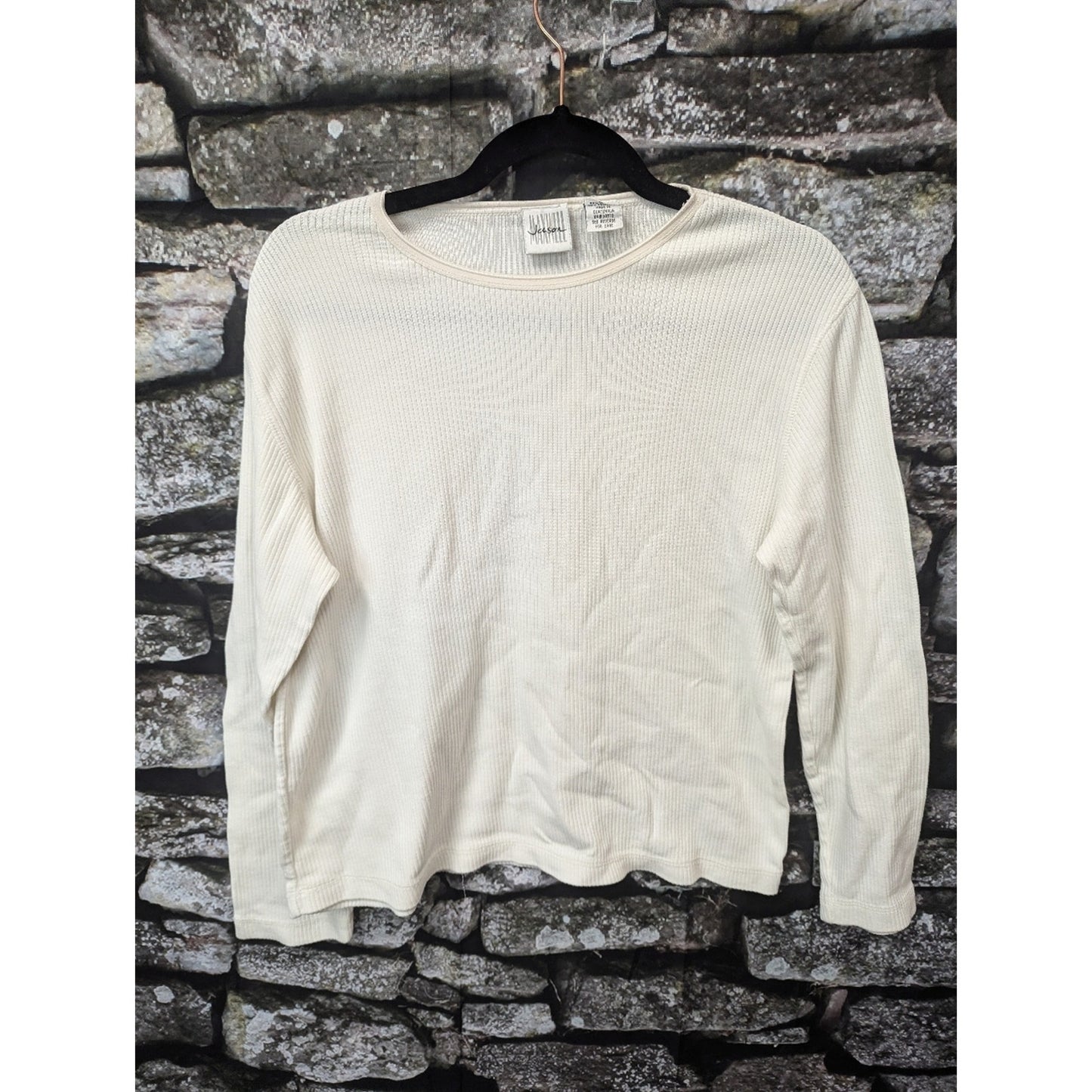 Jason Women’s Ivory Ribbed Long Sleeve Top Size Medium Soft Stretch Crew Neck Ca