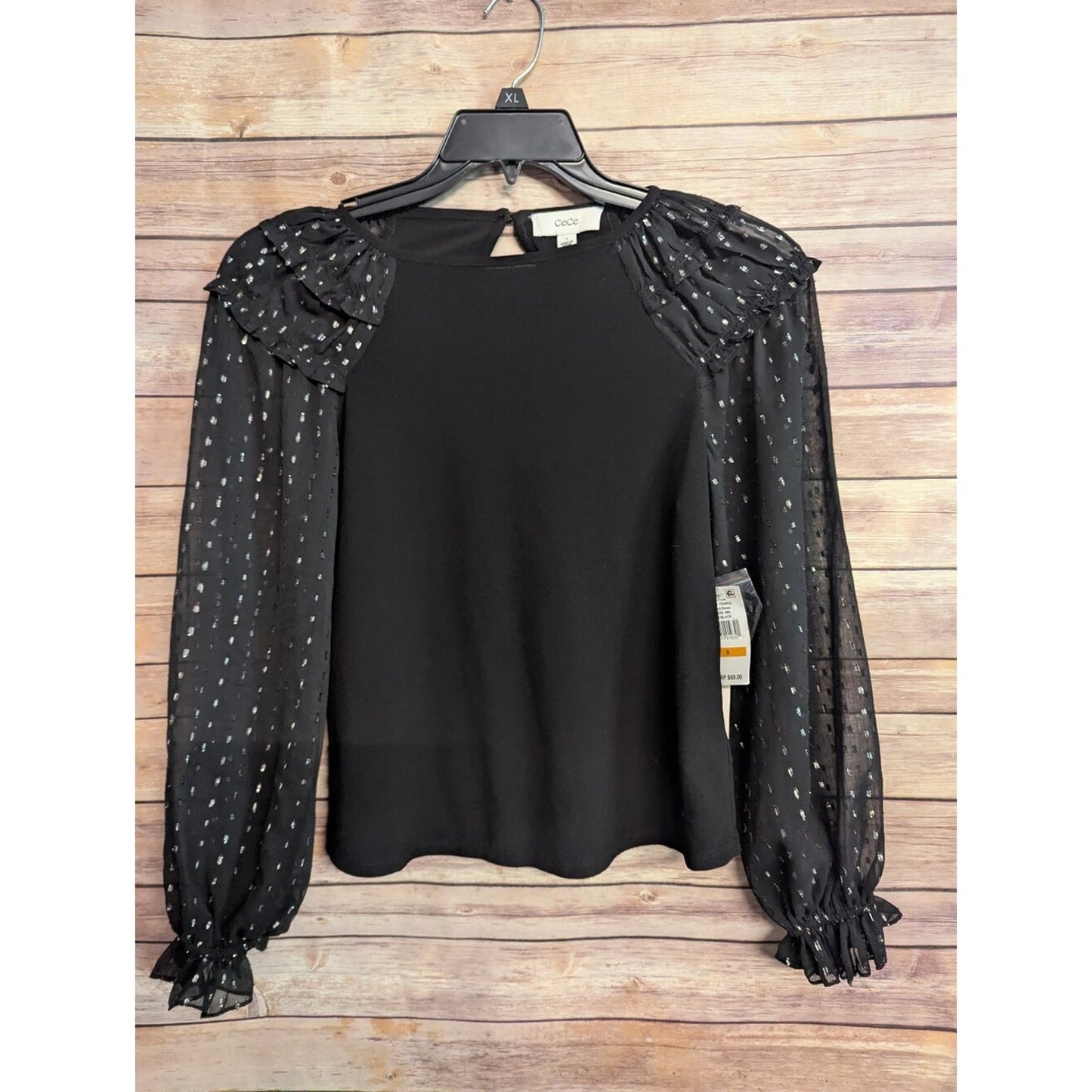 CeCe Blouse Women’s Small Black Metallic Dot Sheer Sleeve Ruffle Shoulder Top NW