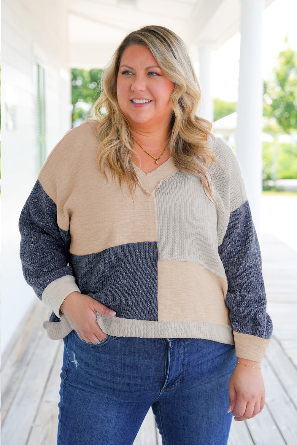 Ashleigh Blue Plus Size Textured Colorblock Patchwork V Neck Top - Scarlett's Riverside Boutique 