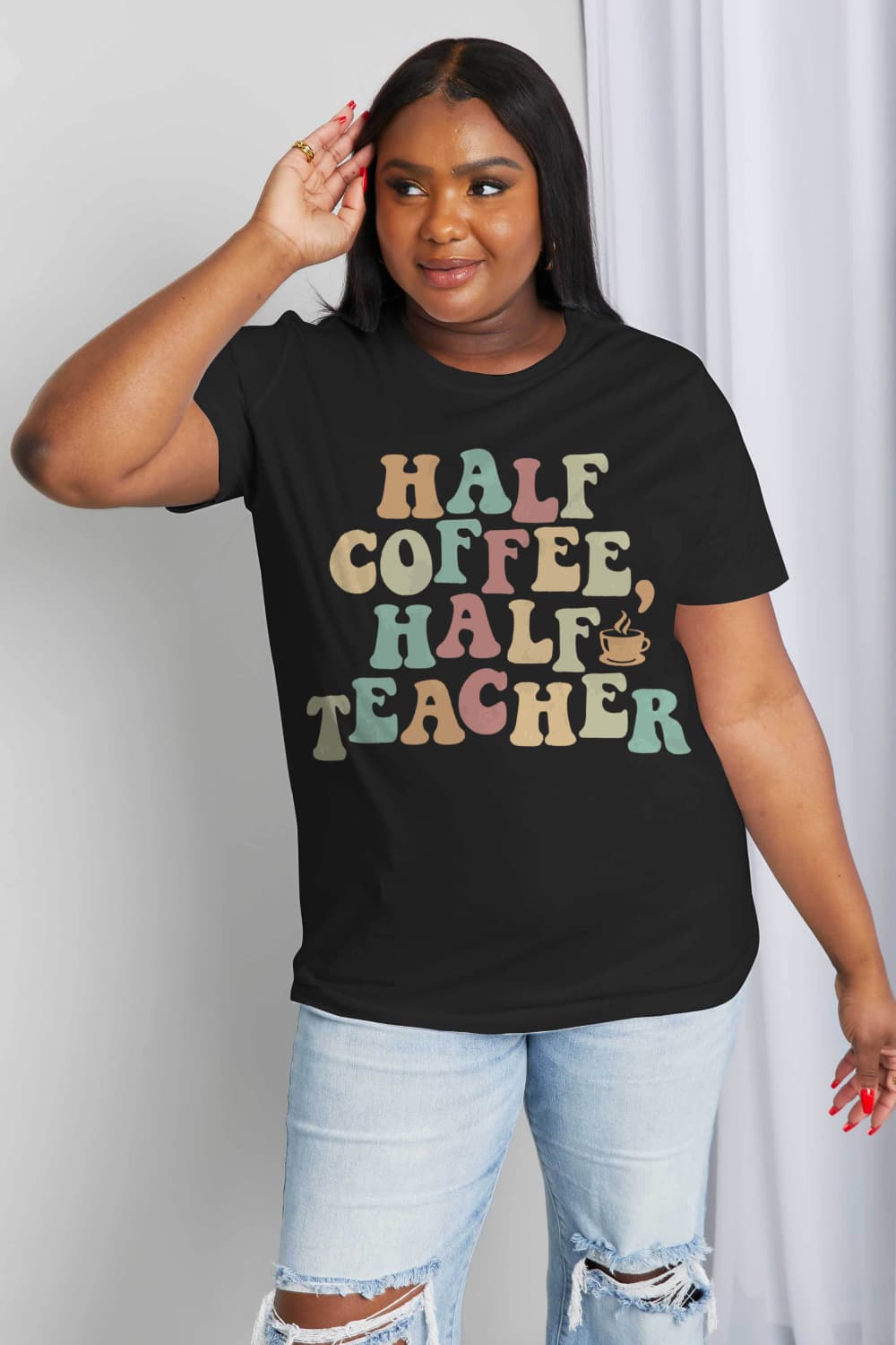 Simply Love Full Size HALF COFFEE HALF TEACHER Graphic Cotton Tee - Scarlett's Riverside Boutique 