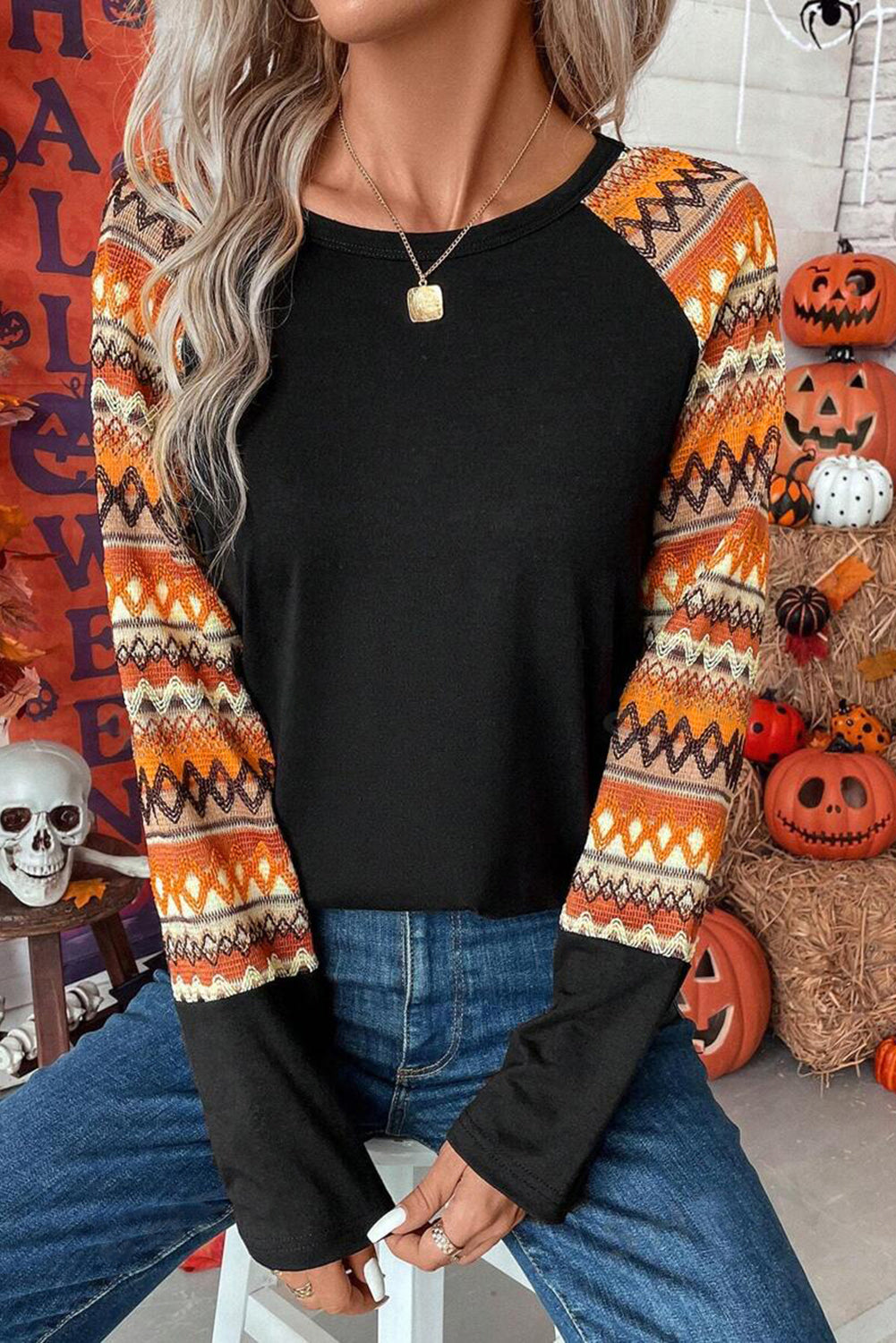 Orange Geo Print Raglan Patchwork Long Sleeve Tee - Scarlett's Riverside Boutique 