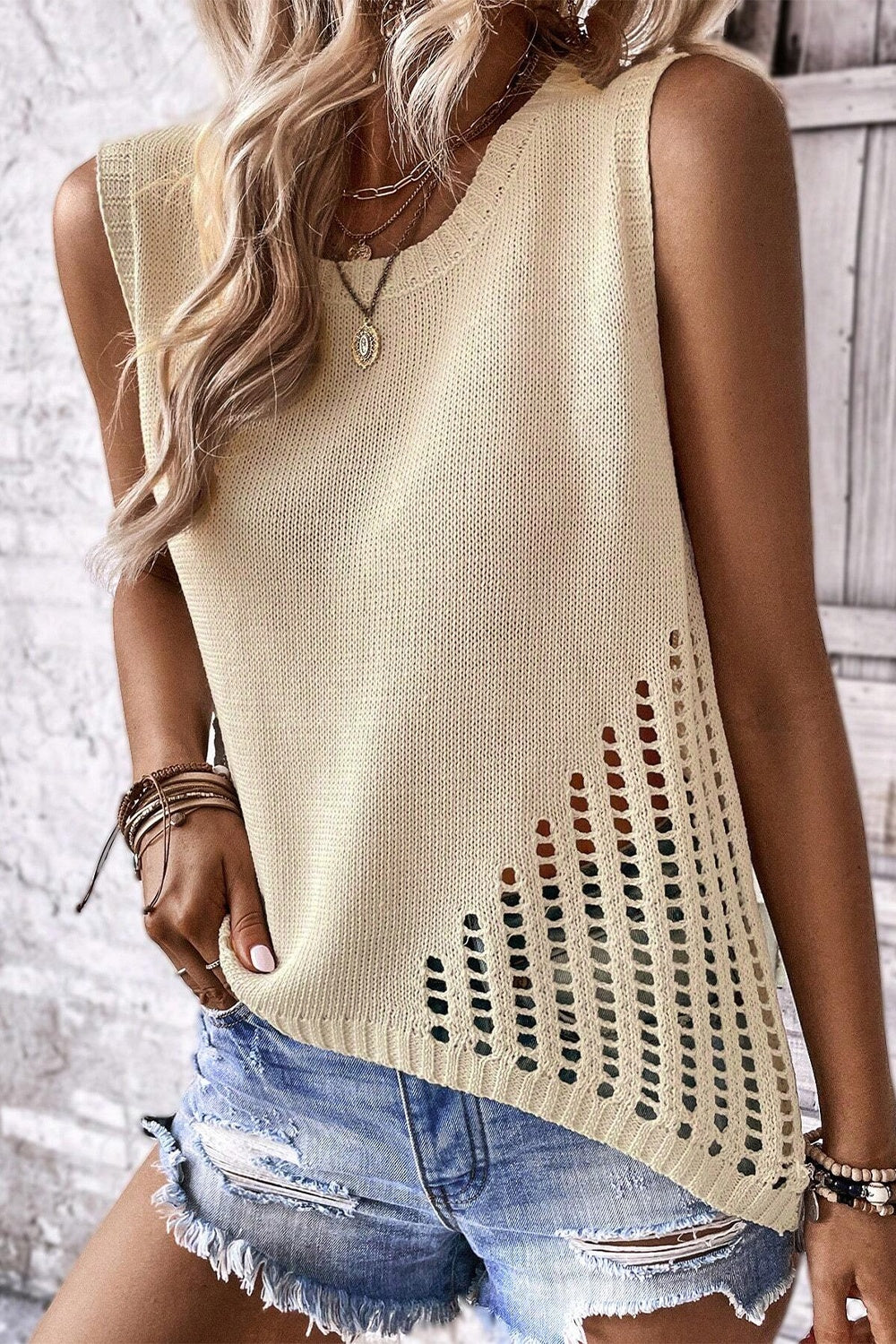 Openwork Round Neck Knit Vest - Scarlett's Riverside Boutique 