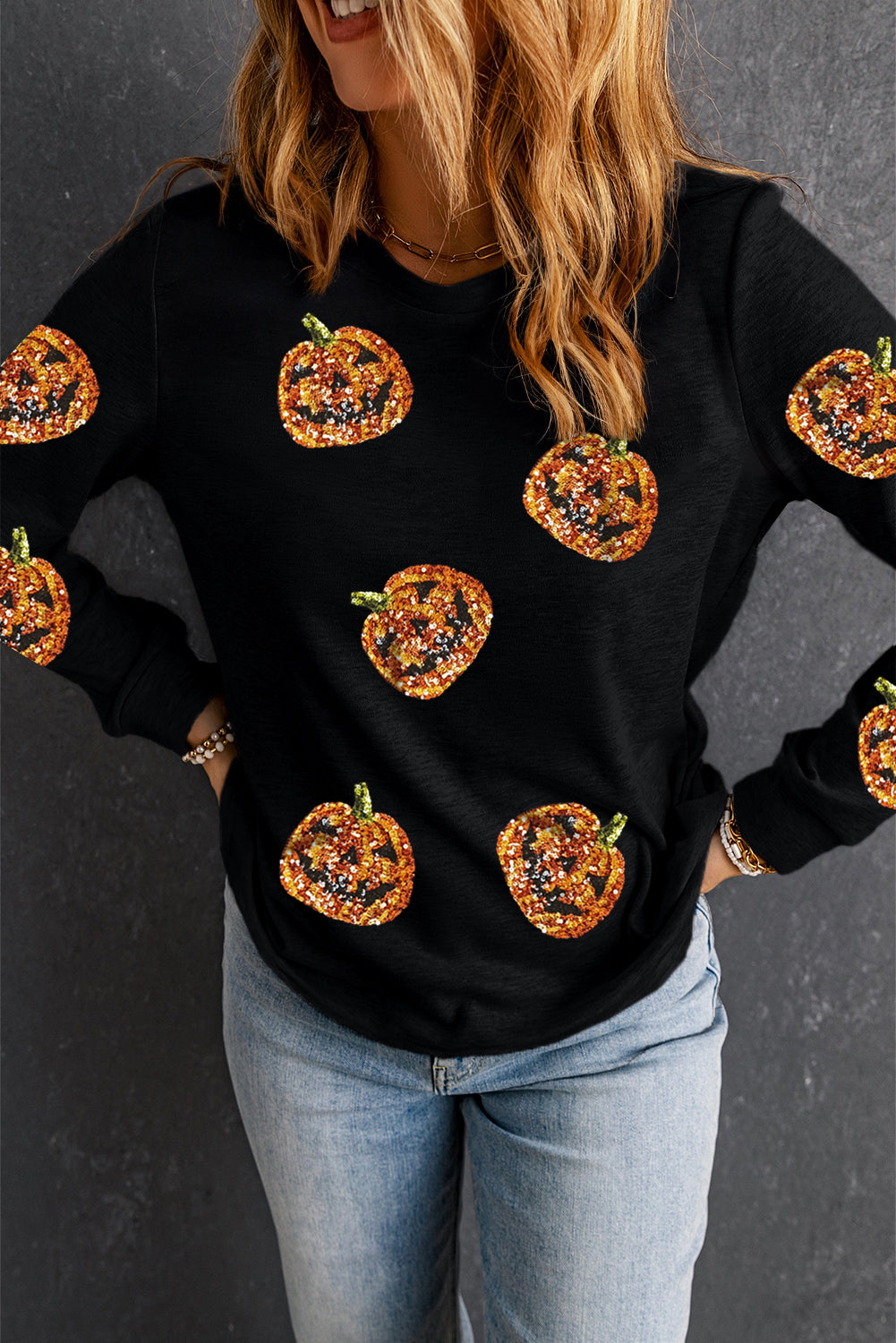 Black Halloween Sequin Pumpkin Face Pullover Long Sleeve Top - Scarlett's Riverside Boutique 