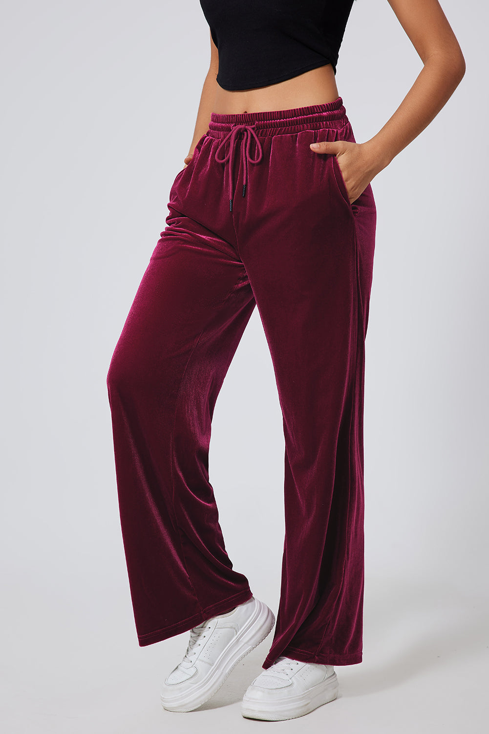 Burgundy Solid Drawstring Waist Wide Leg Pants - Scarlett's Riverside Boutique 