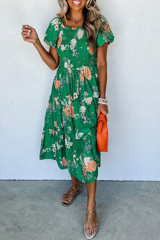 Green Floral Print Bubble Sleeve Smocked Tiered Midi Dress - Scarlett's Riverside Boutique