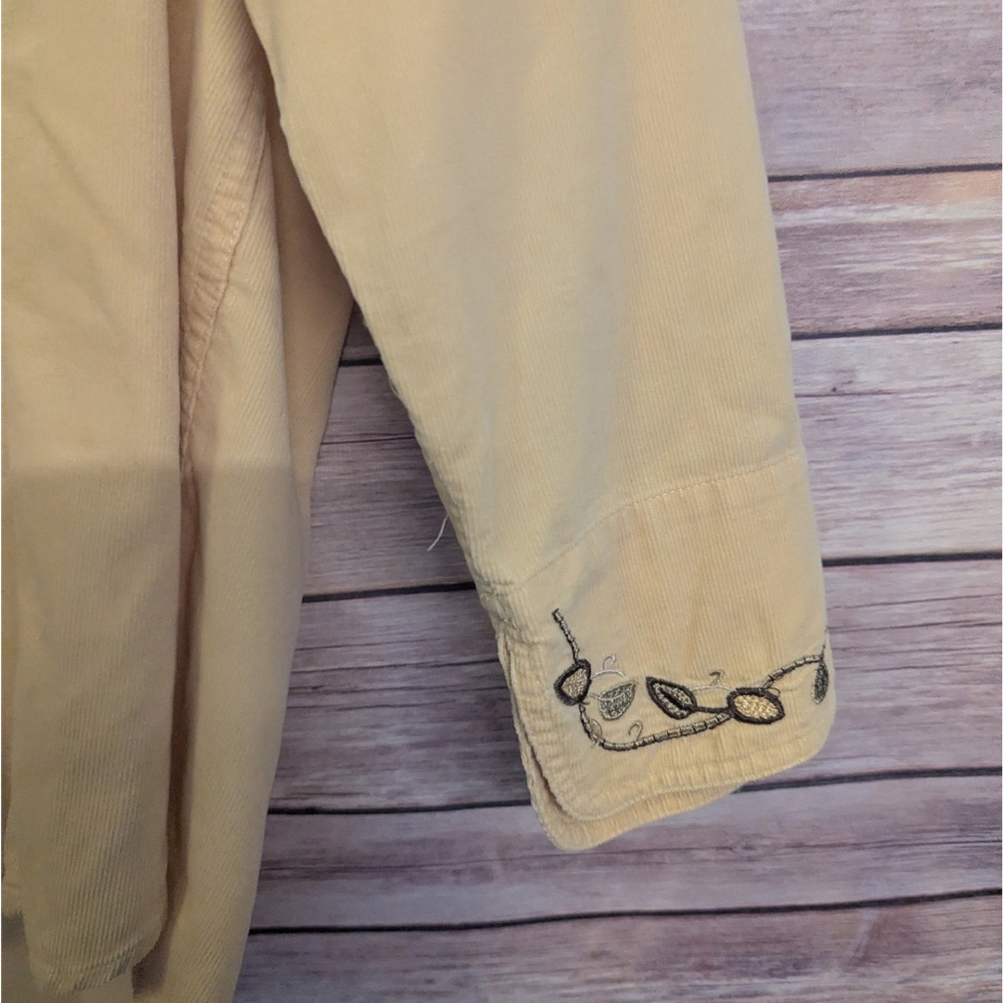 Liz Claiborne Yellow Button Front Shirt Jacket Embroidered Trim Utility Top Size