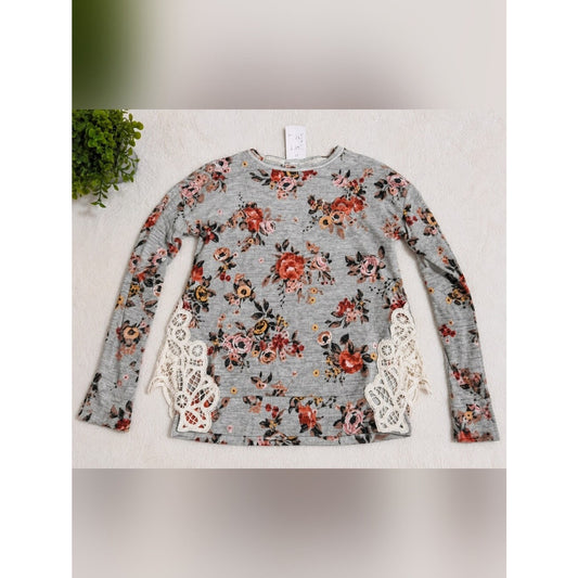 Jolt Gray Floral Long Sleeve Top Womens M Lace Side Boho Cottagecore Blouse