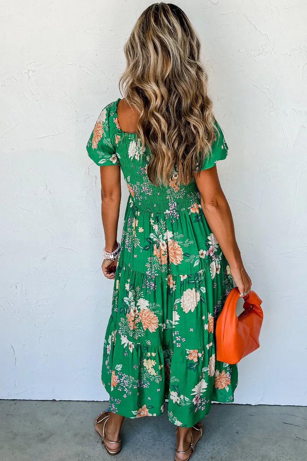 Green Floral Print Bubble Sleeve Smocked Tiered Midi Dress - Scarlett's Riverside Boutique 