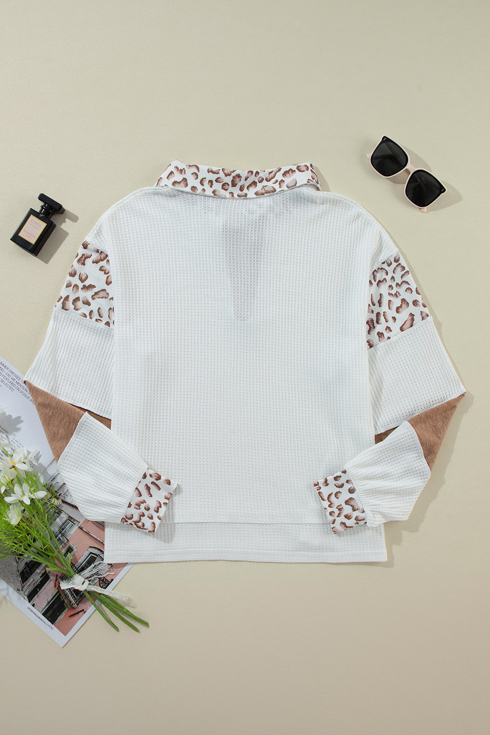 White Leopard Patchwork Turn-down Collar Waffle Top - Scarlett's Riverside Boutique 