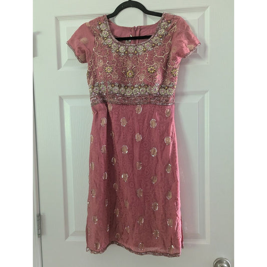 Ladlee Pink Gold Embroidered Beaded Sequin Indian Party Dress Size 34