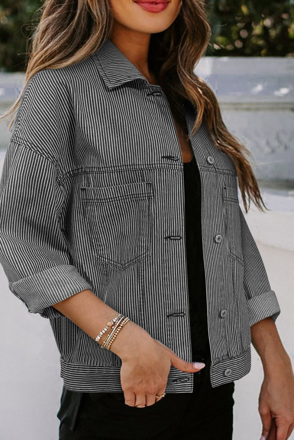 Blue Stripe Washed Oversize Pocketed Denim Jacket - Scarlett's Riverside Boutique 