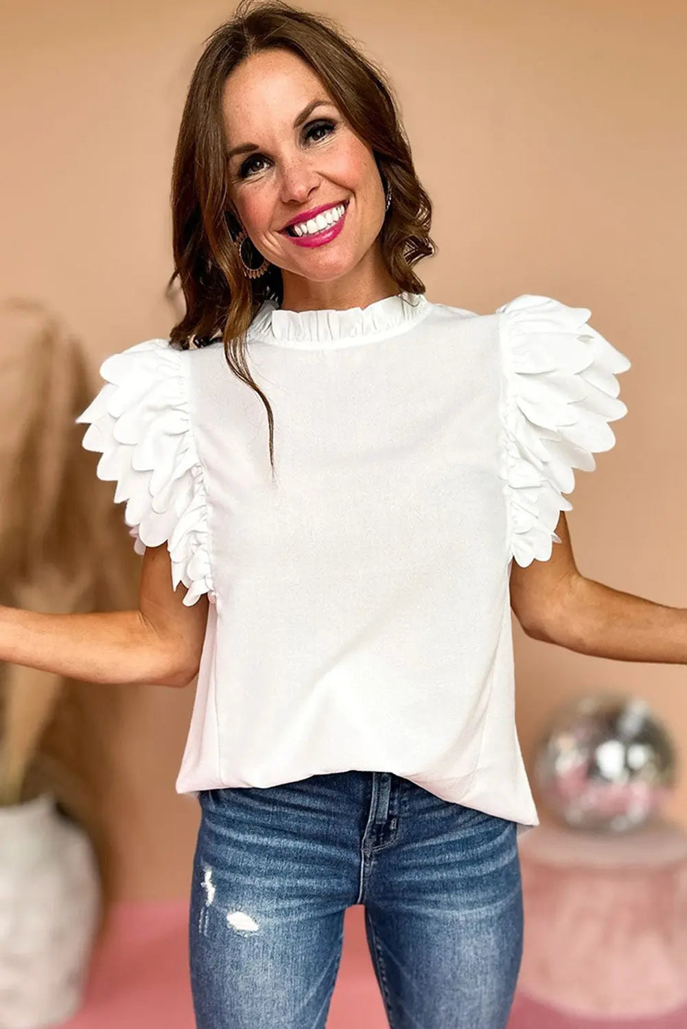 White Solid Color Scalloped Ruffle Sleeve Top - Scarlett's Riverside Boutique 