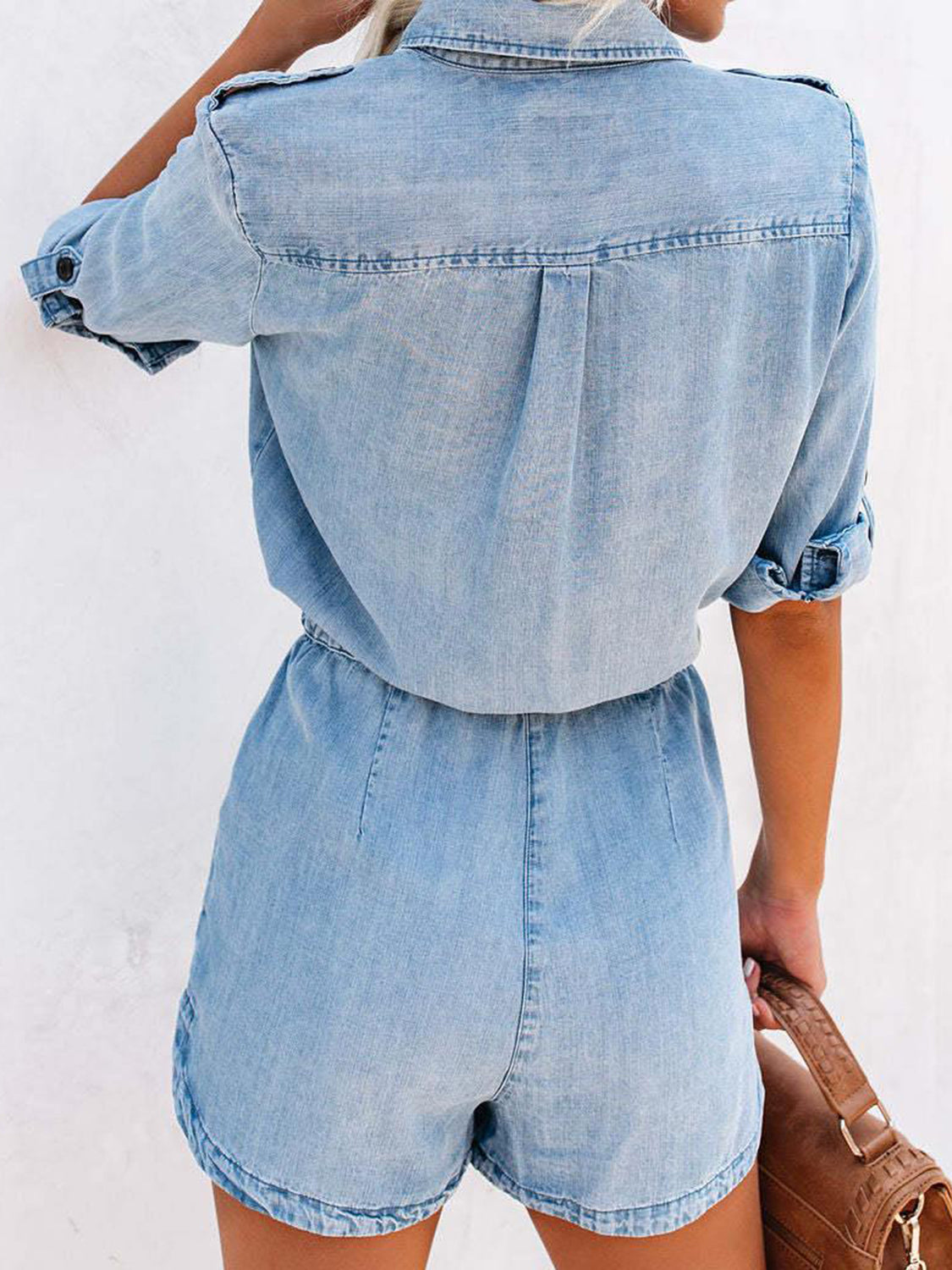 Drawstring Half Button Half Sleeve Denim Romper - Scarlett's Riverside Boutique 