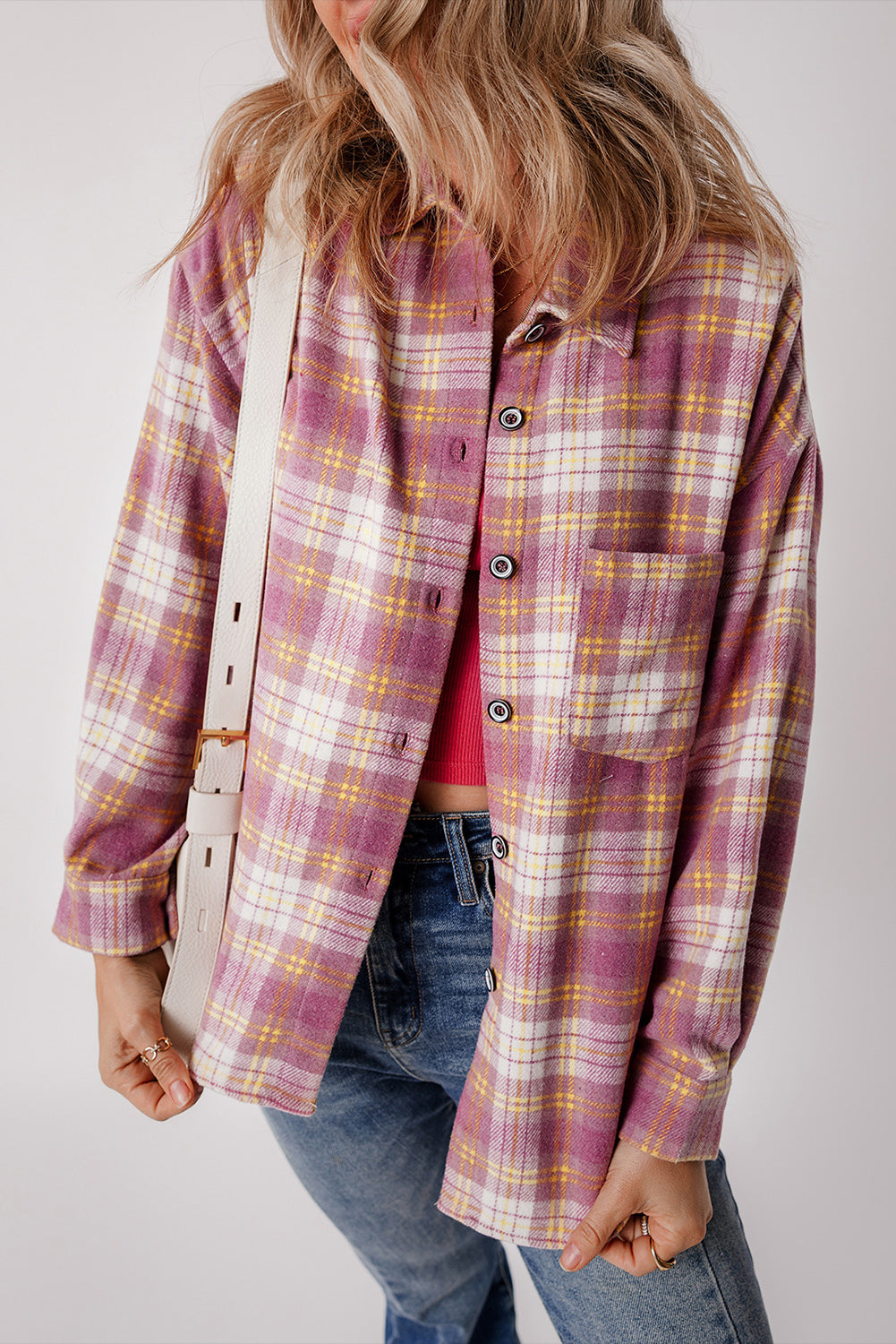 Pink Plaid Print Chest Pocket Long Sleeve Shacket - Scarlett's Riverside Boutique 