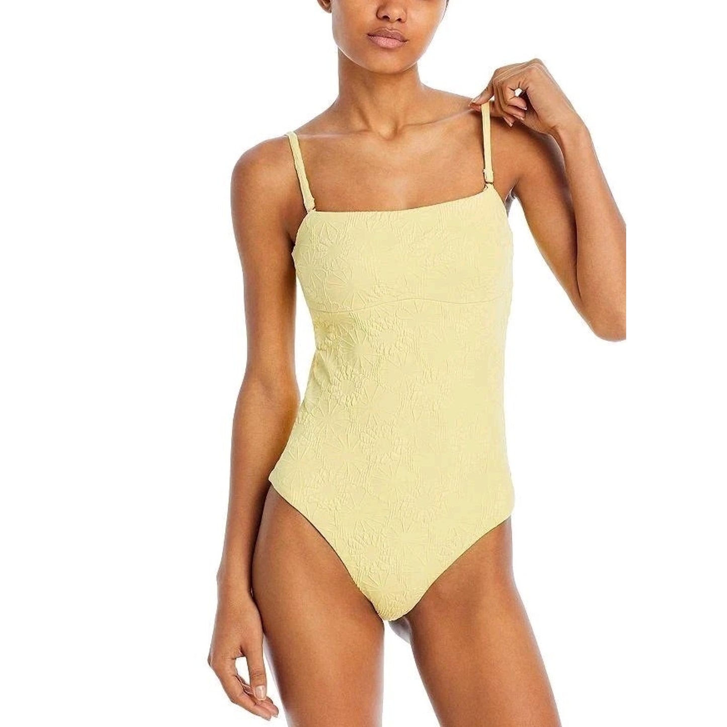 AQUA Bandeau One Piece Swimsuit Small Yellow Textured Cutout Back Strappy #G50