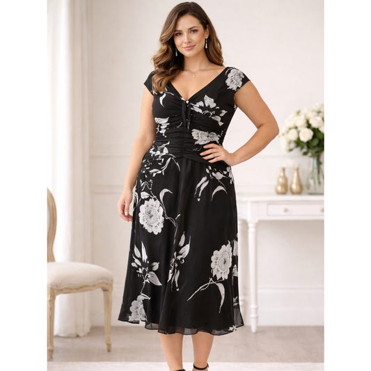 Jones New York Dress Petite 10P Black White Floral Silk Ruched Midi Cocktail Dre