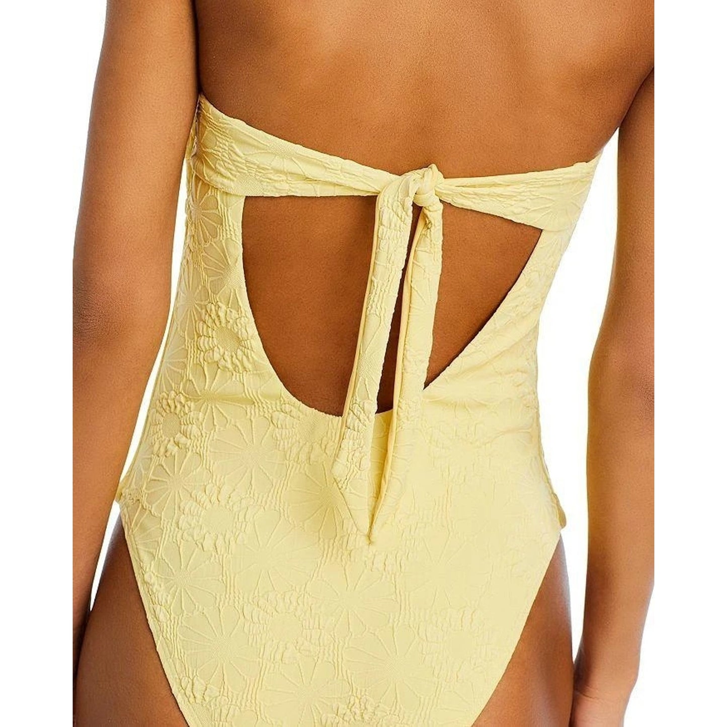 AQUA Bandeau One Piece Swimsuit Small Yellow Textured Cutout Back Strappy #G50