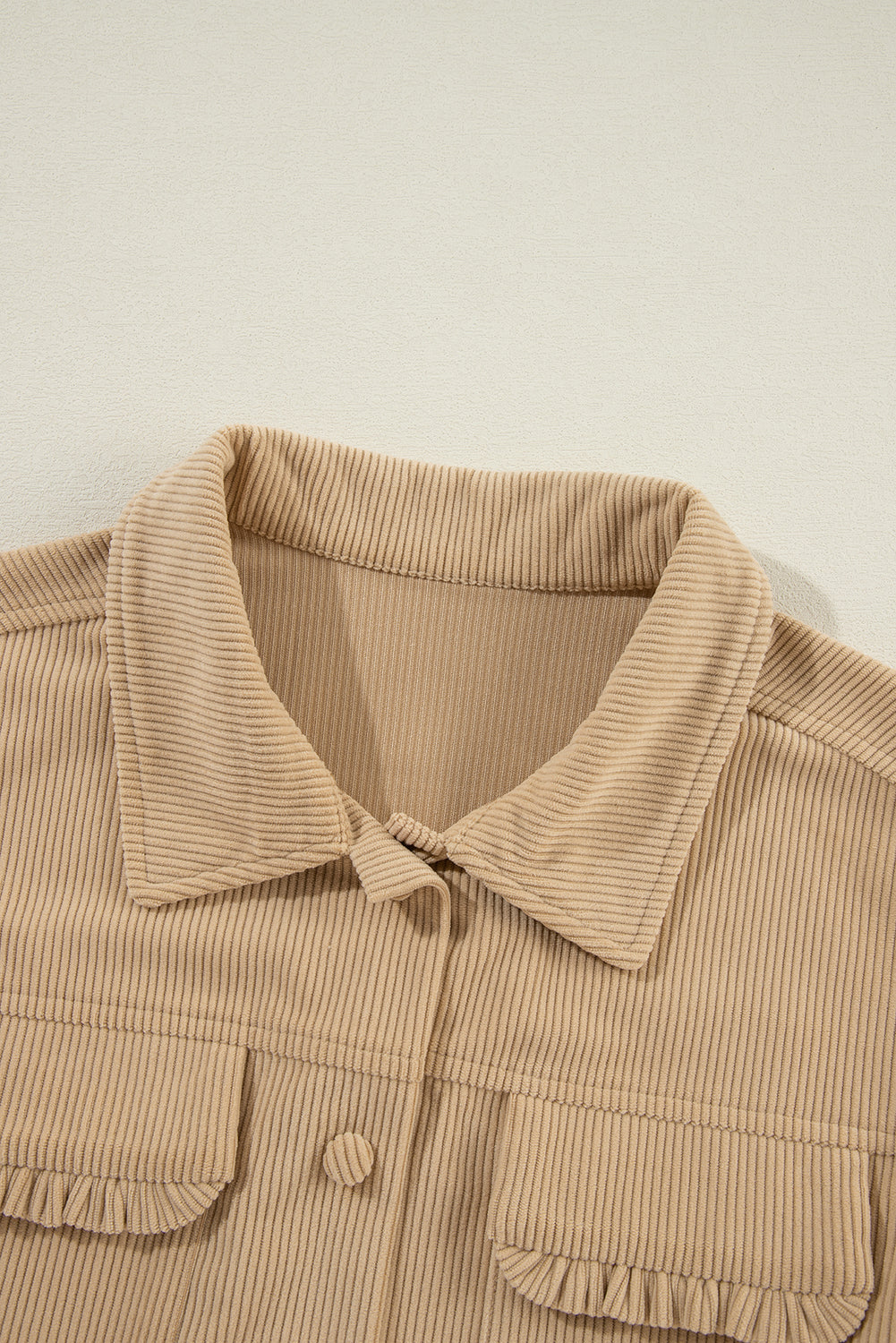 Light French Beige Solid Frilled Flap Pocket Button Up Corduroy Shacket - Scarlett's Riverside Boutique 