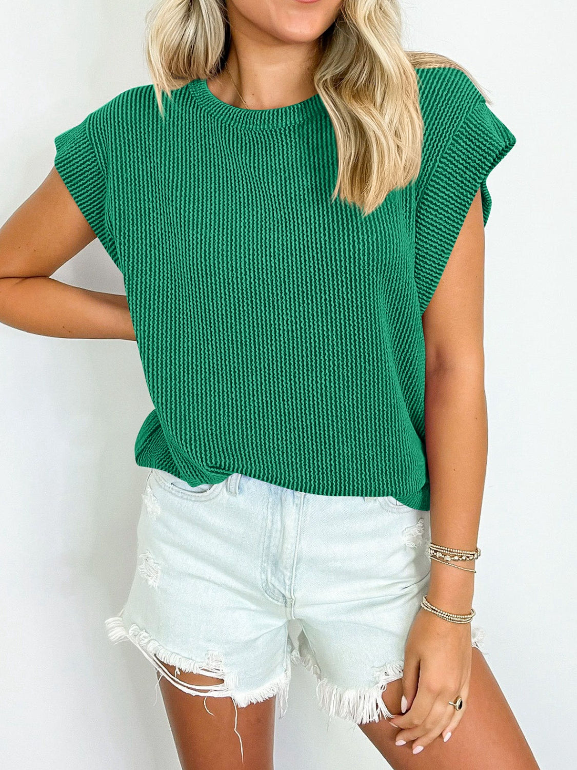 Textured Round Neck Cap Sleeve Blouse - Scarlett's Riverside Boutique 