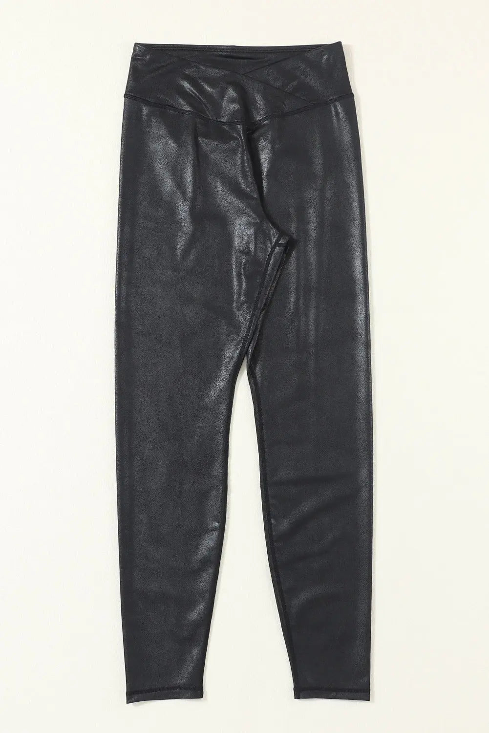 Black Crossed Dip Waist Sleek Leather Leggings - Scarlett's Riverside Boutique 