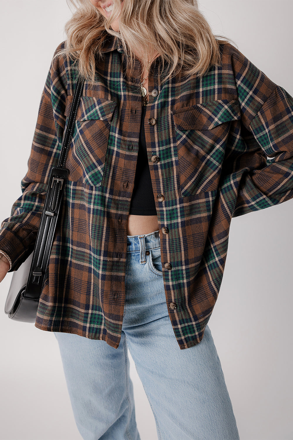 Brown Plaid Print Chest Pockets Buttoned Shirt Jacket - Scarlett's Riverside Boutique 