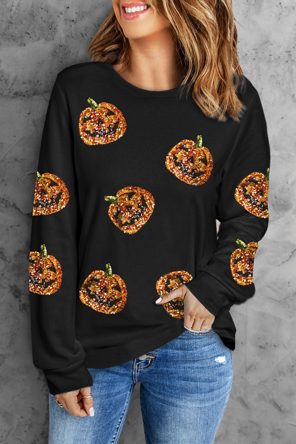 Black Halloween Sequin Pumpkin Face Pullover Long Sleeve Top - Scarlett's Riverside Boutique 