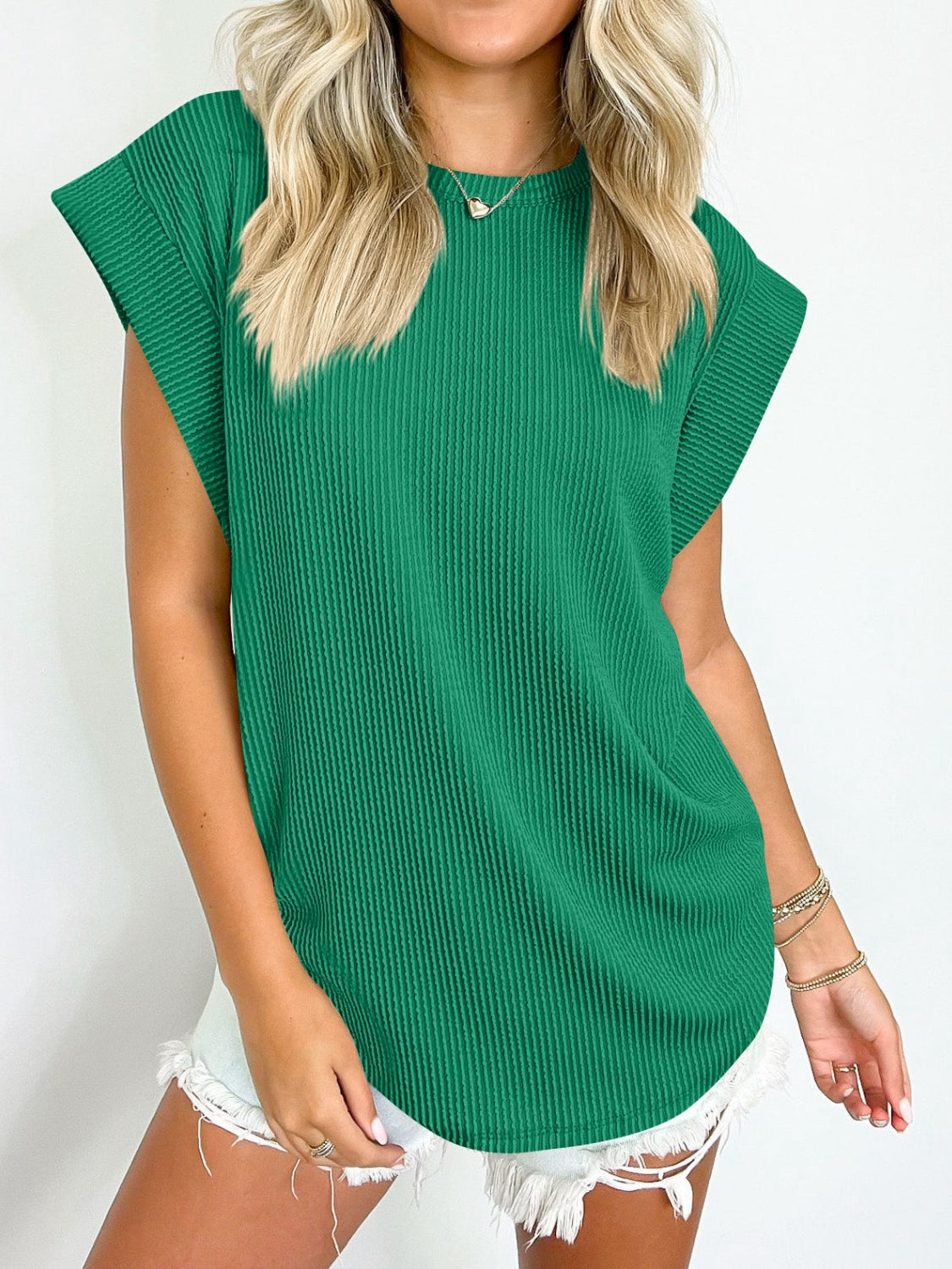 Textured Round Neck Cap Sleeve Blouse - Scarlett's Riverside Boutique 