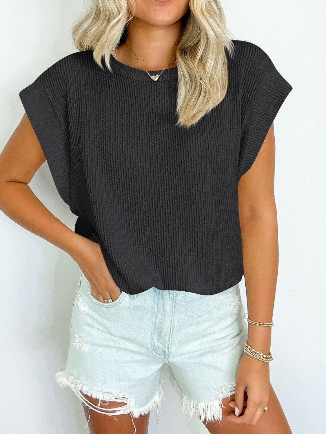 Textured Round Neck Cap Sleeve Blouse - Scarlett's Riverside Boutique 