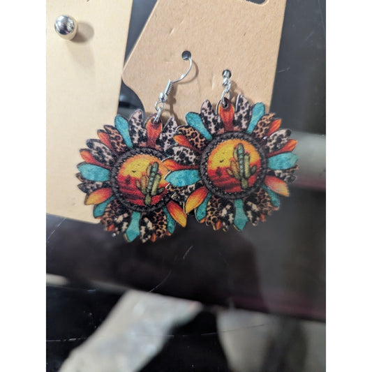 Sunflower Cactus Earrings Wooden and western style Dangle Drop With Studs