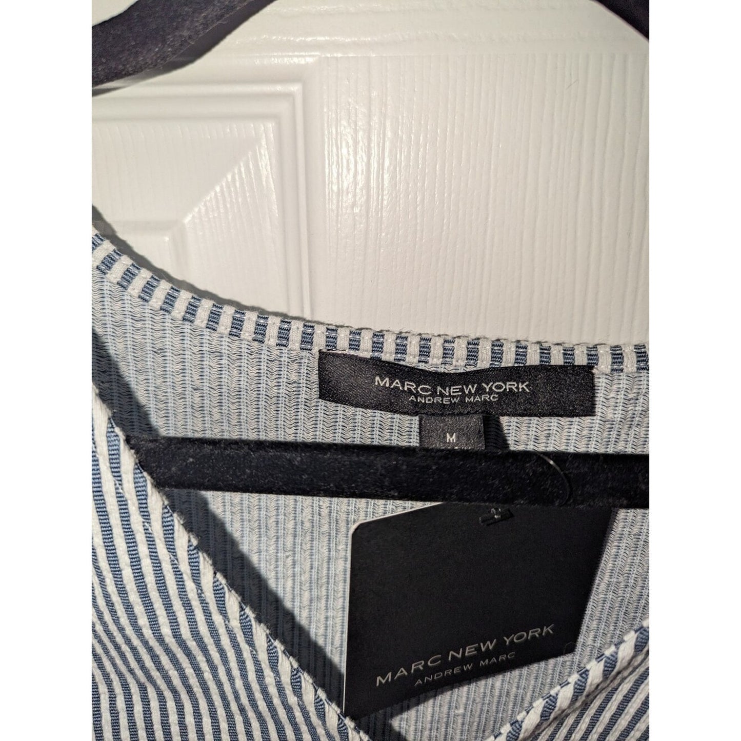 Marc New York Andrew Marc Womens M Navy White Stripe V Neck Boxy Top NWT