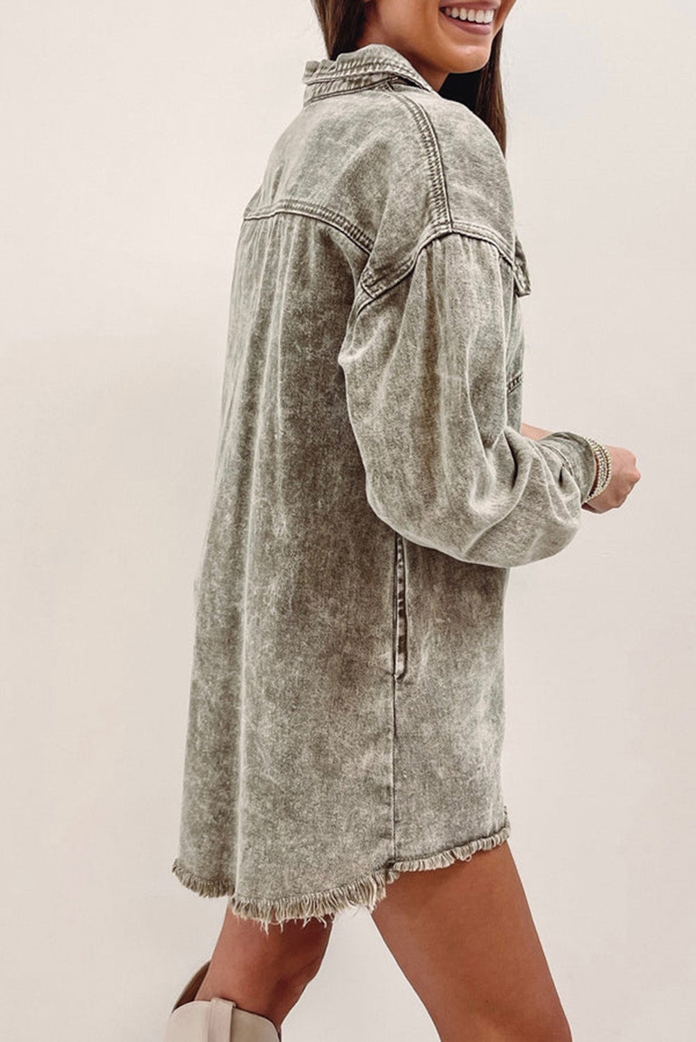 Sage Green Acid Wash Flap Pocket Raw Hem Tunic Denim Jacket - Scarlett's Riverside Boutique 