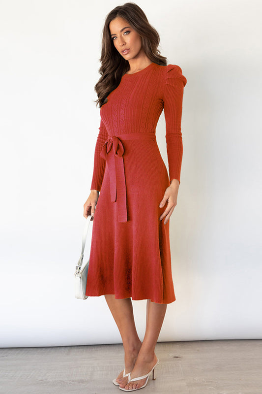 Round Neck Long Sleeve Tie Waist Sweater Dress - Scarlett's Riverside Boutique 