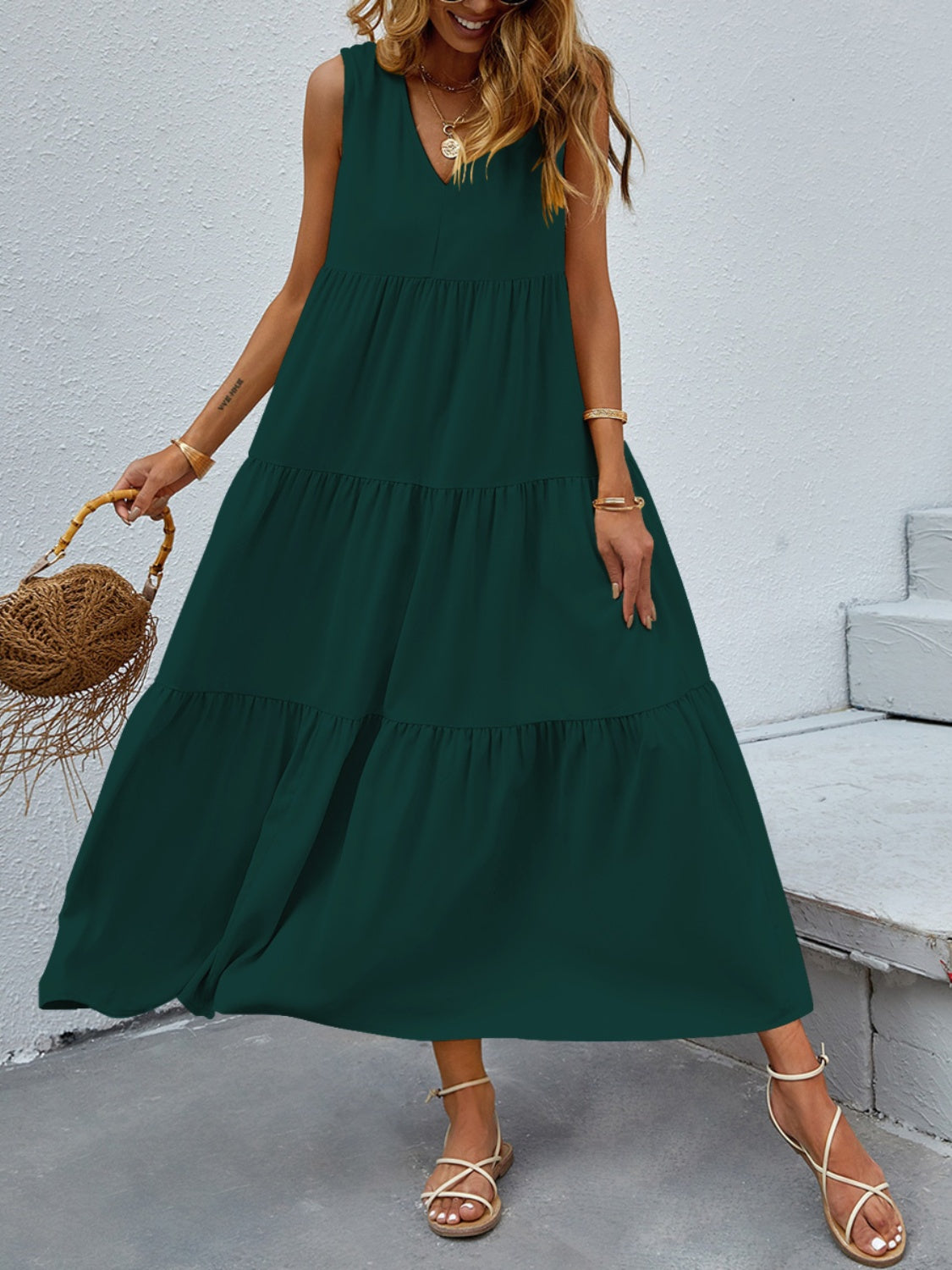 Tiered V-Neck Sleeve Dress - Scarlett's Riverside Boutique 