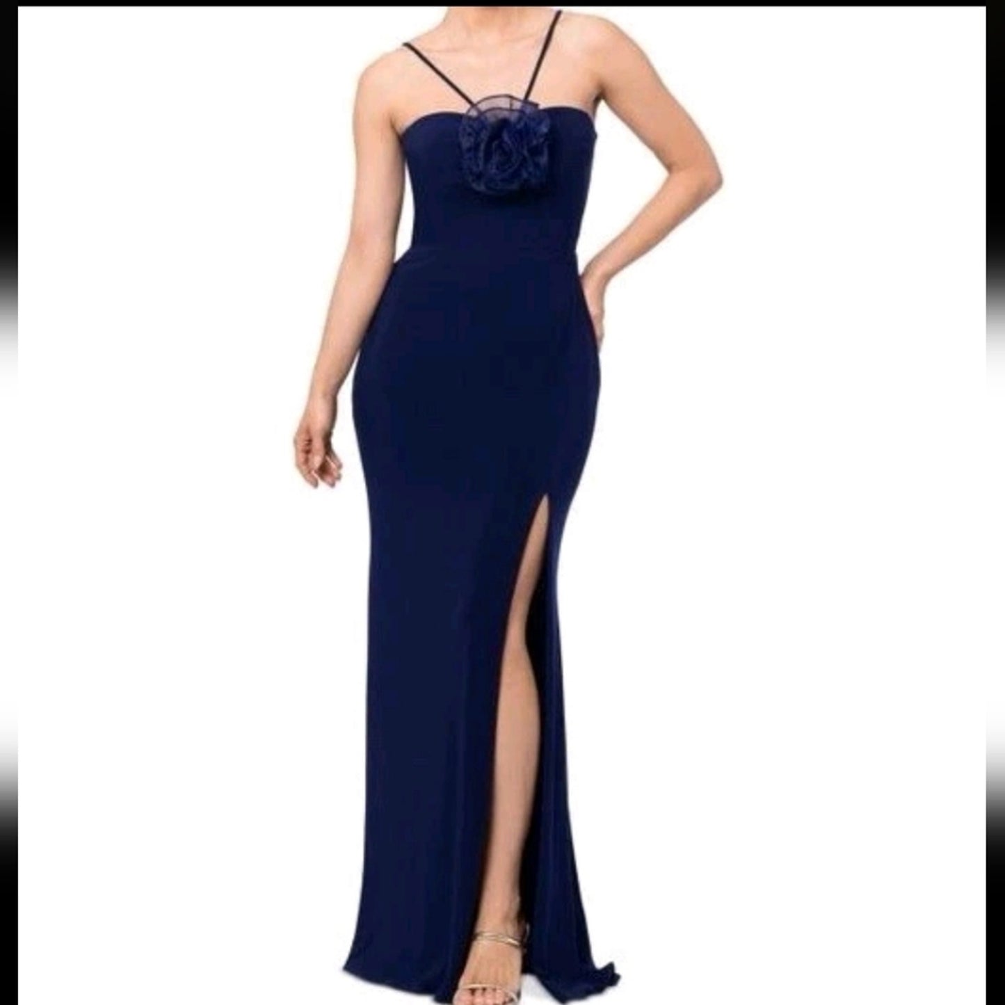 NWT XSCAPE Women’s Size 14 Navy Rosette Halter Gown Formal Evening Dress #G41
