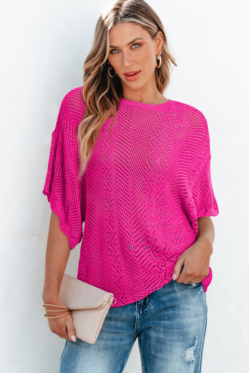 Rose Red Pointelle Knit Scallop Edge Short Sleeve Knit Top - Scarlett's Riverside Boutique 